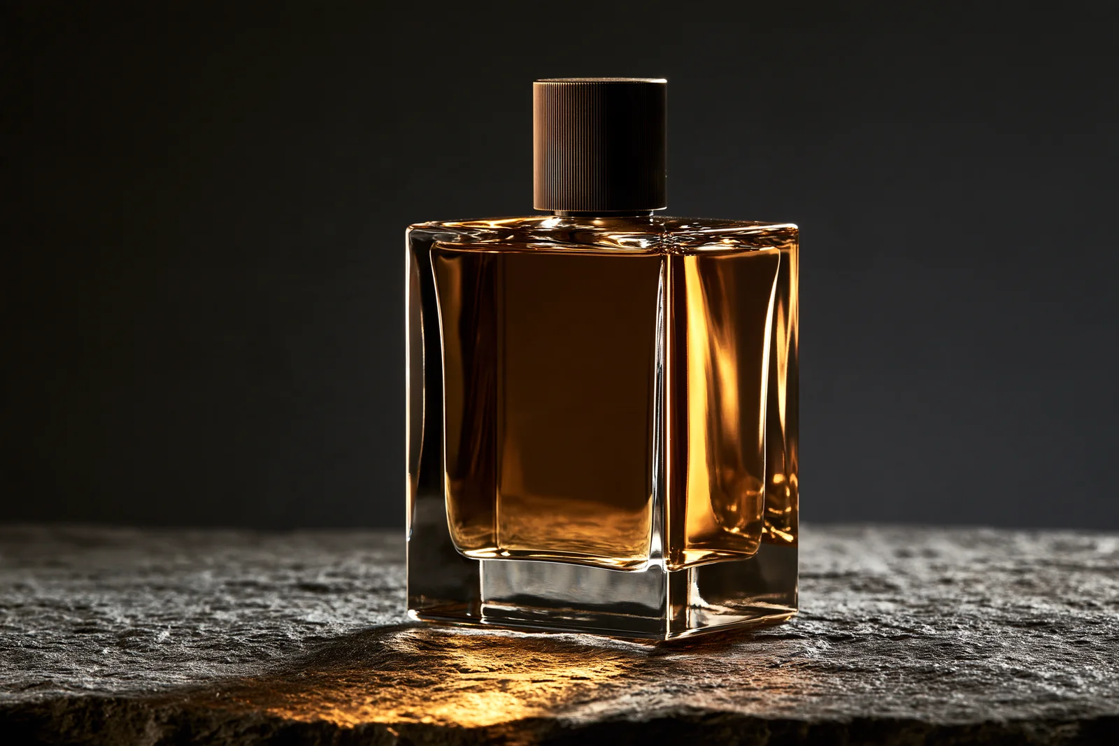 Flacone di profumo ambrato su pietra scura