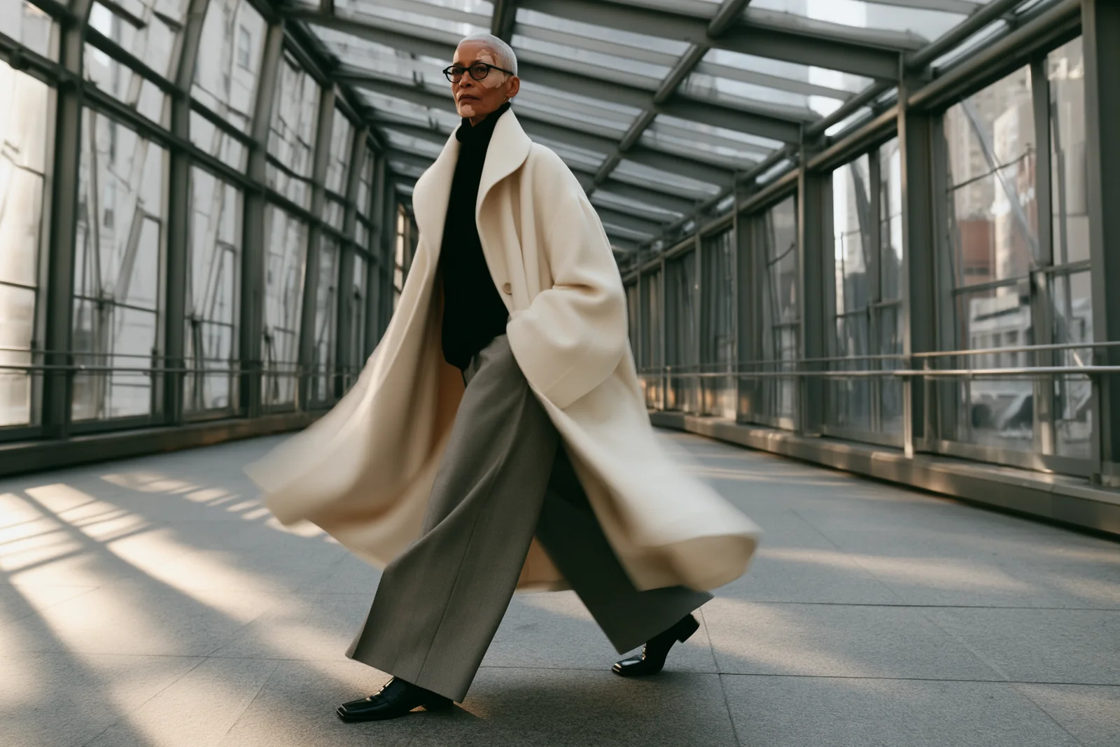 Donna anziana in lungo cappotto avorio cammina in un corridoio vetrato