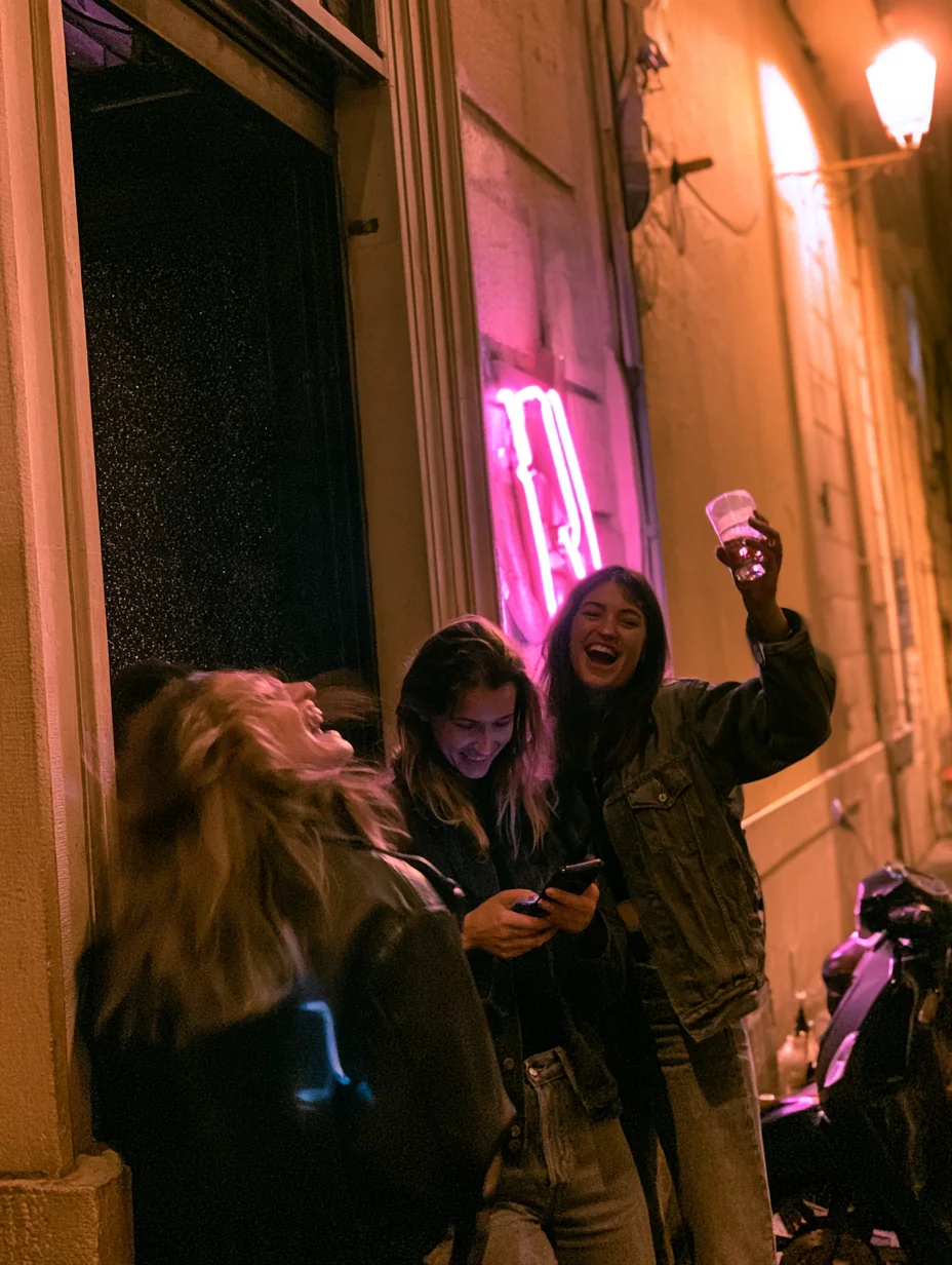 Amiche ridono di notte in strada
