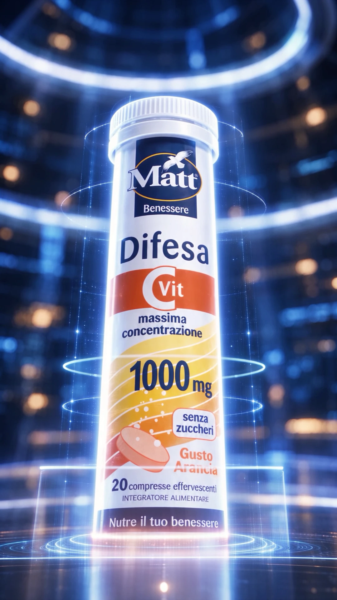 Fotogramma autentico a 00:04.40: tubo Matt Difesa C Vit 1000 mg completo, con tappo e confezione originali.
