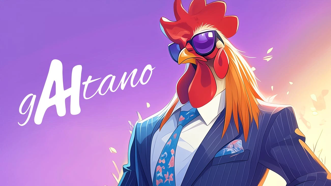 gAItano in blazer, occhiali e cravatta su fondo lilla sfumato, con scritta gAItano a sinistra — illustrazione originale orizzontale