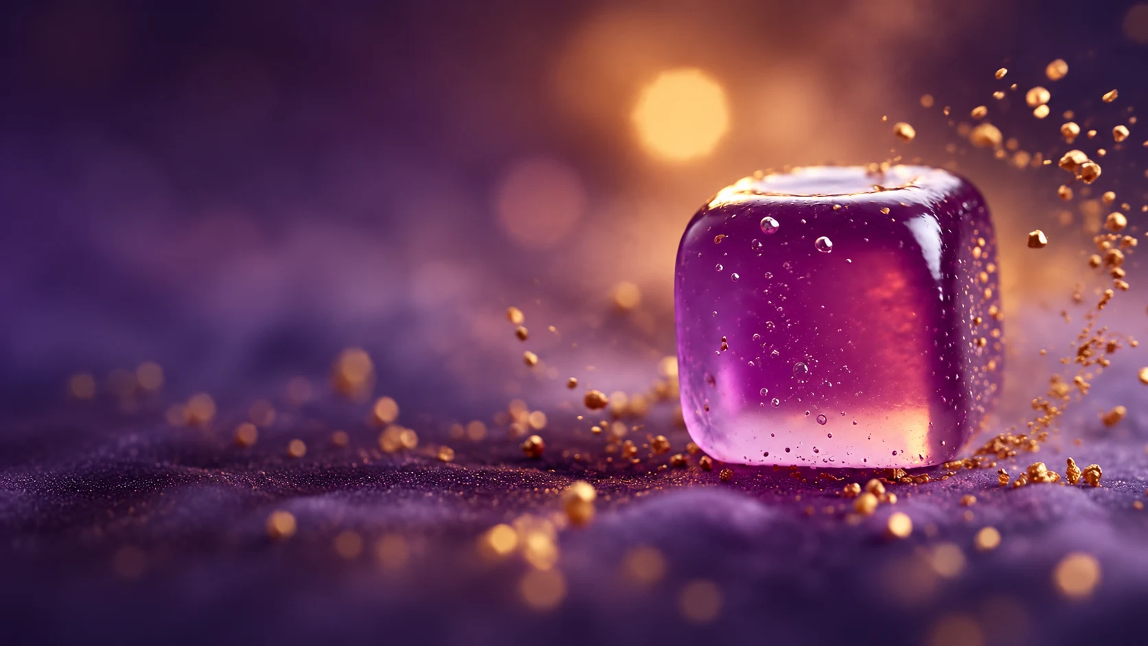 Ricostruzione visiva: una gummy viola traslucida sulla destra, tra particelle dorate e luce soffusa.