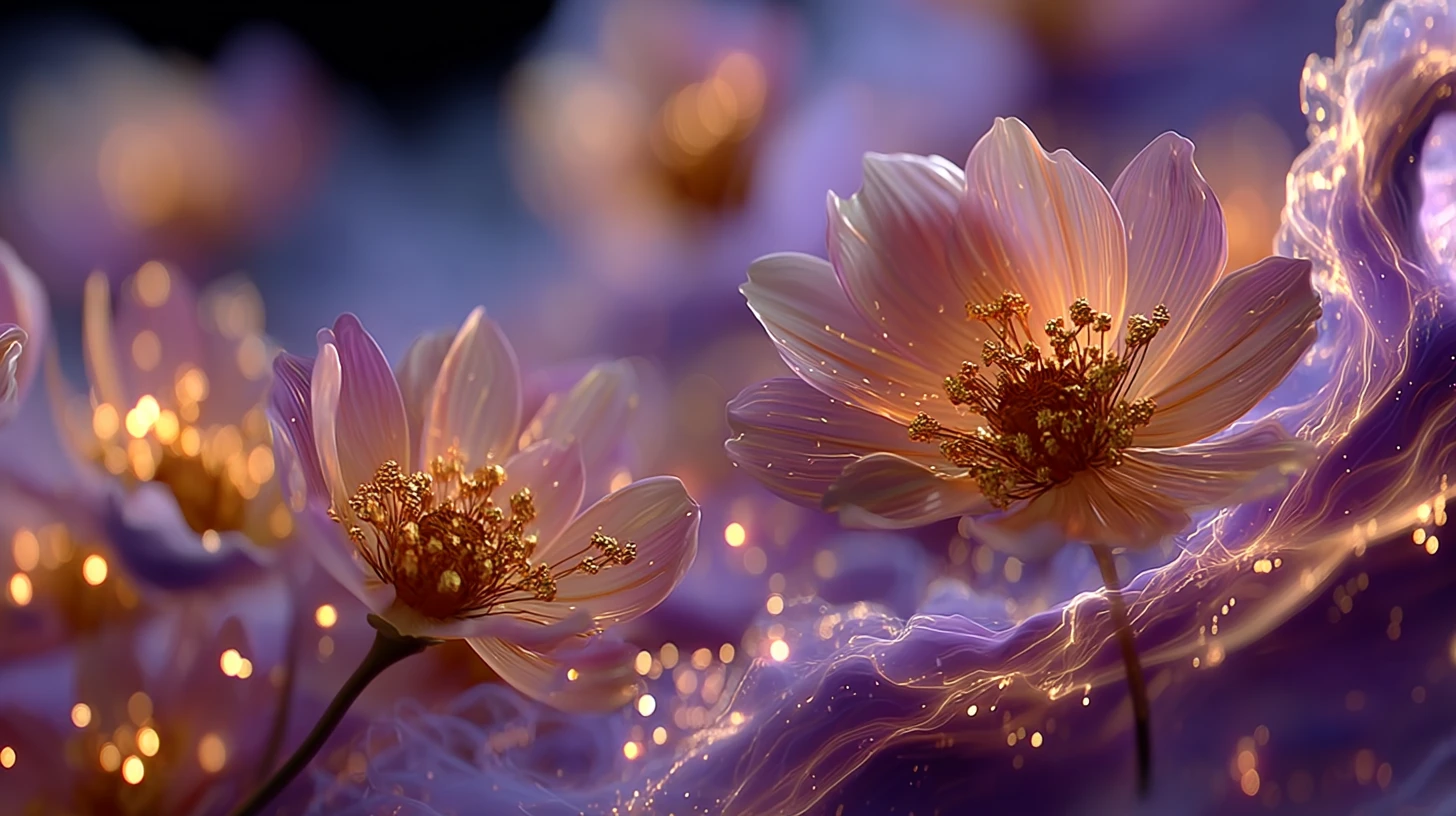 Ricostruzione editoriale: fiori dai petali traslucidi tra veli lilla e filamenti dorati luminosi.