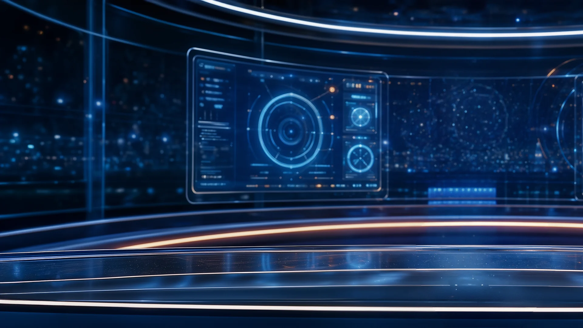 Scenografia virtuale originale: redazione olografica vuota, banco e schermi blu; non un set fisico.