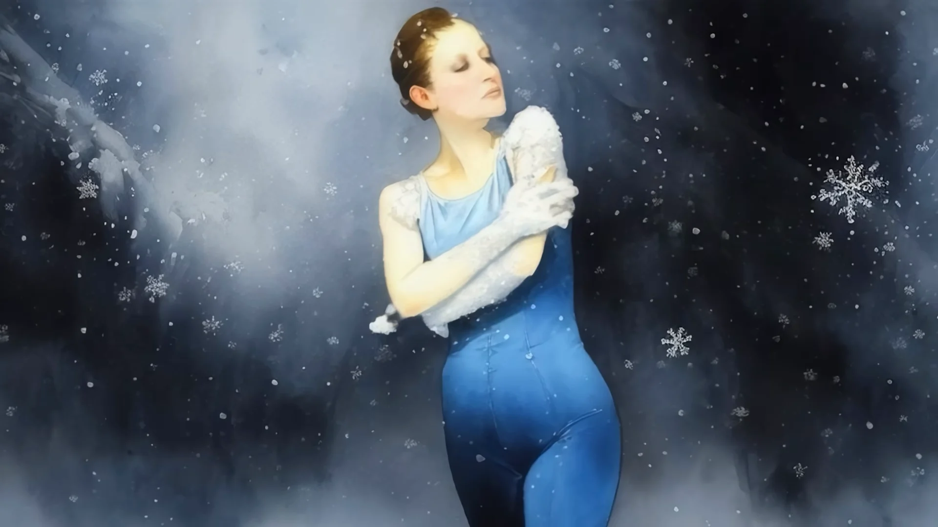 Figura femminile in abito blu con mani al petto in uno spazio notturno luminoso