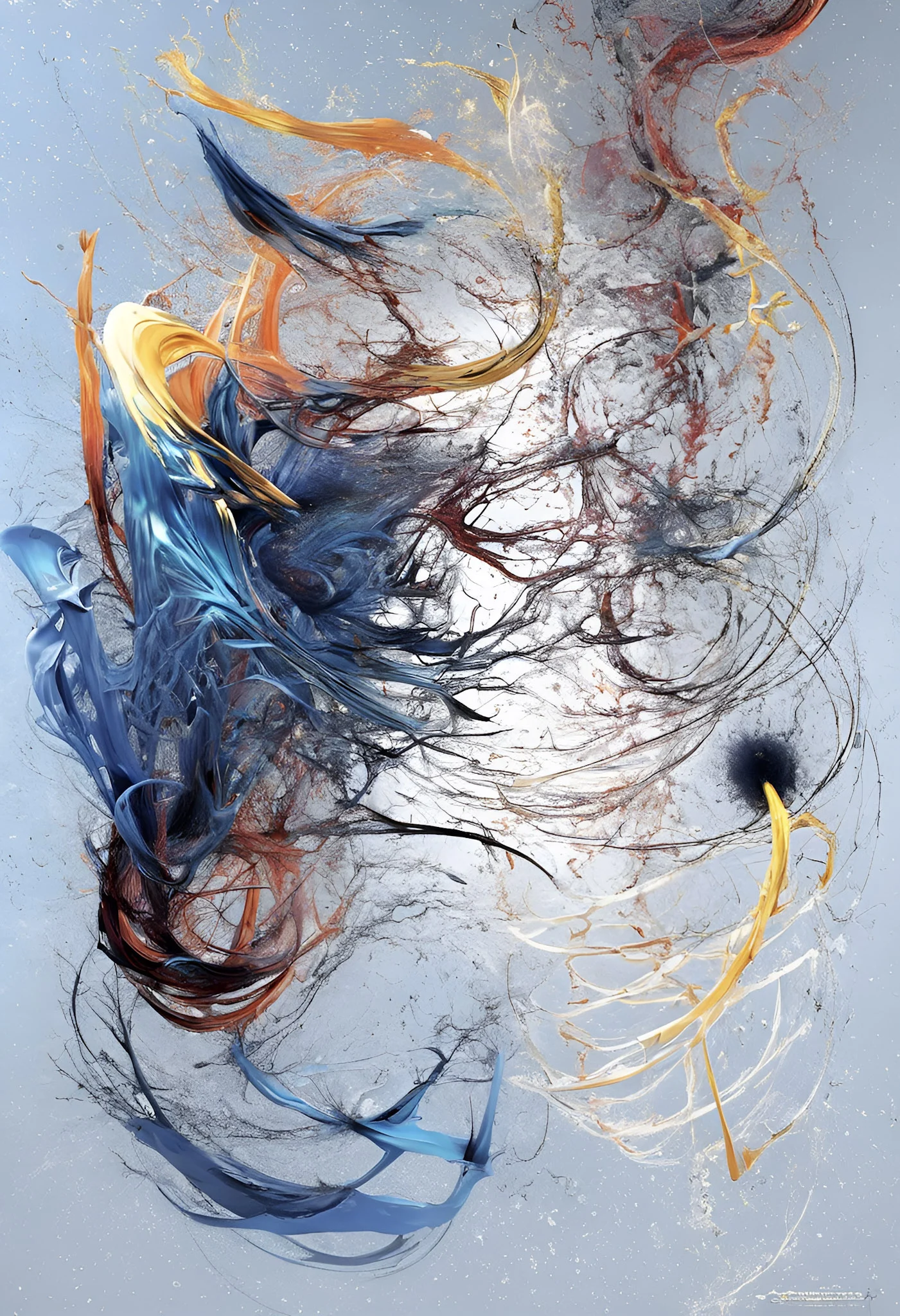 Filamenti blu e bruni con accenti gialli su fondo chiaro