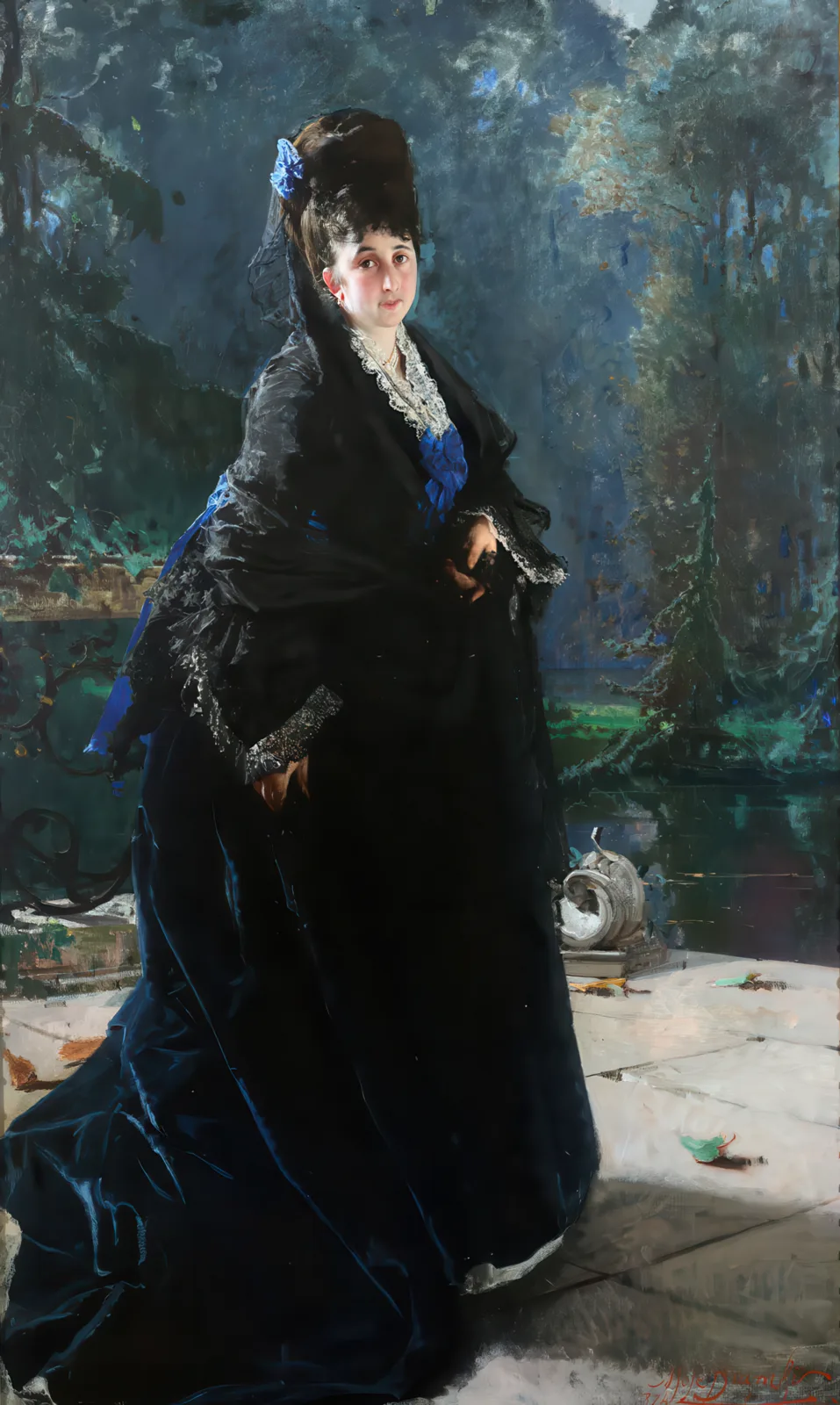 Elisabetta Sottocasa a figura intera, abito blu scuro, accanto a uno specchio d’acqua