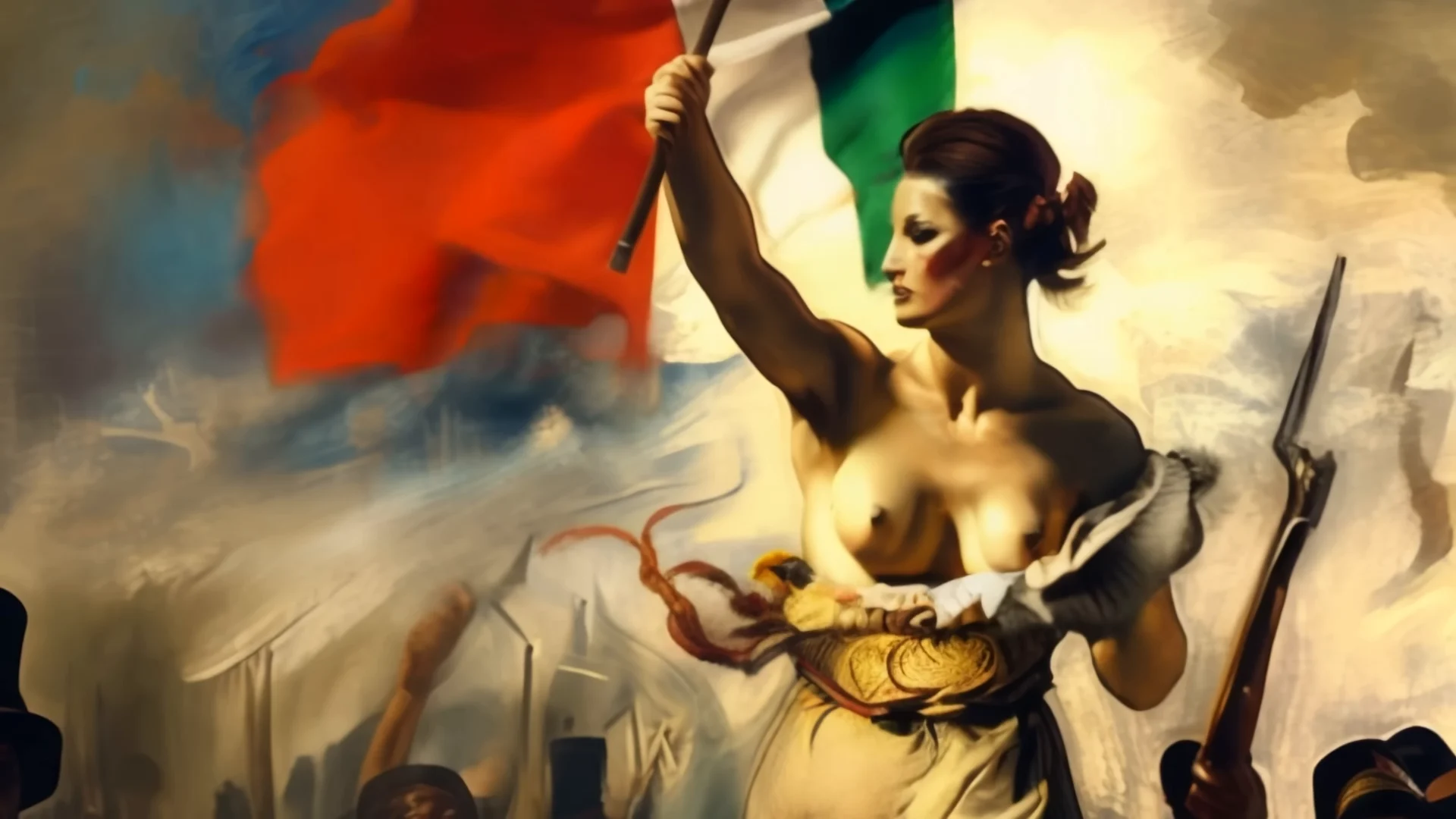 Figura femminile con bandiera tricolore in una scena pittorica tra fumo e figure