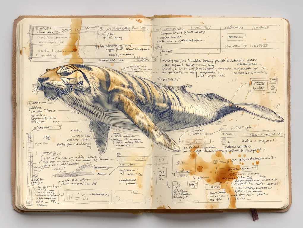Taccuino immaginario aperto con un disegno a inchiostro della Tigre-Balena e pseudolettere AI decorative