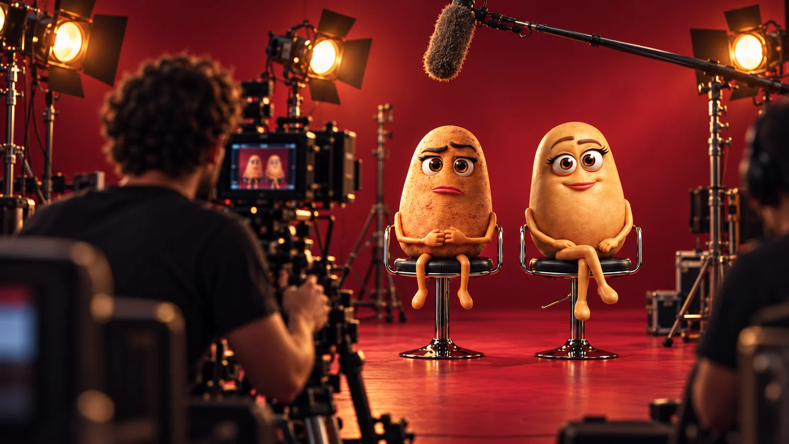 Backstage immaginario: un operatore riprende le due patate sul set, tra fari e microfono a giraffa.