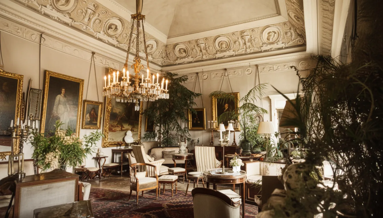 Salone ottocentesco ricostruito con lampadario, quadri e piante