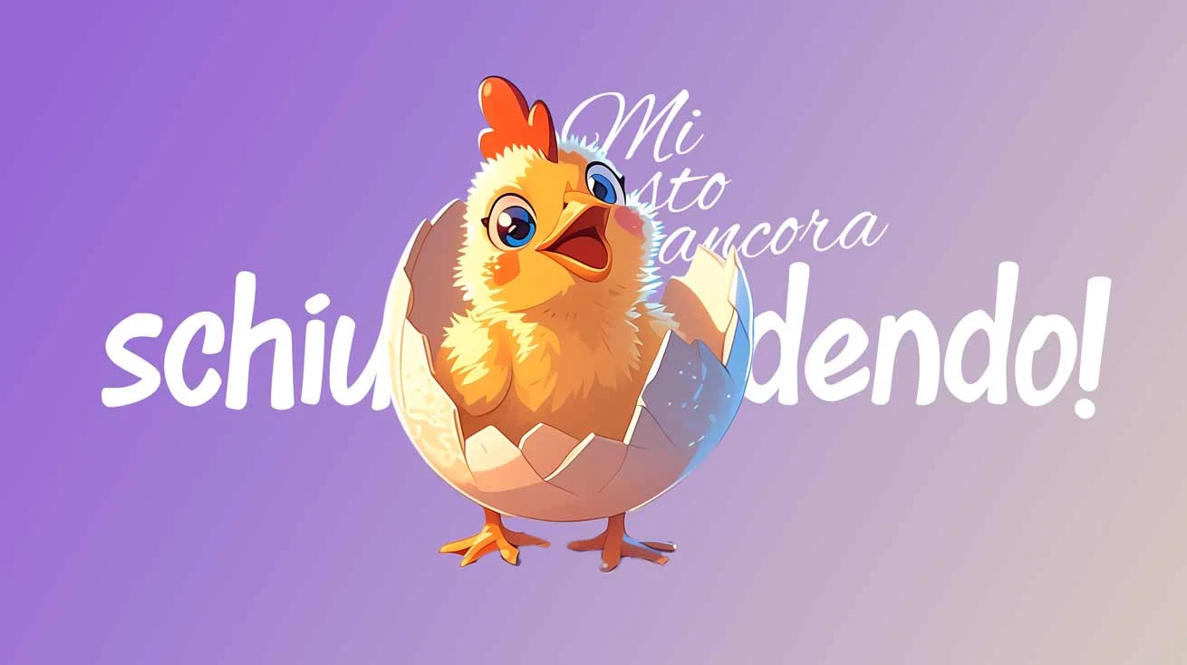 Schiusa — illustrazione originale di un pulcino che emerge dall’uovo