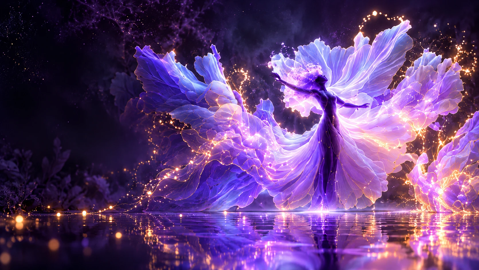 Concept sintetico editoriale: una fata traslucida si apre in grandi veli viola e lilla, sopra un giardino notturno luminoso. — Hero editoriale · ricostruzione, non fotogramma