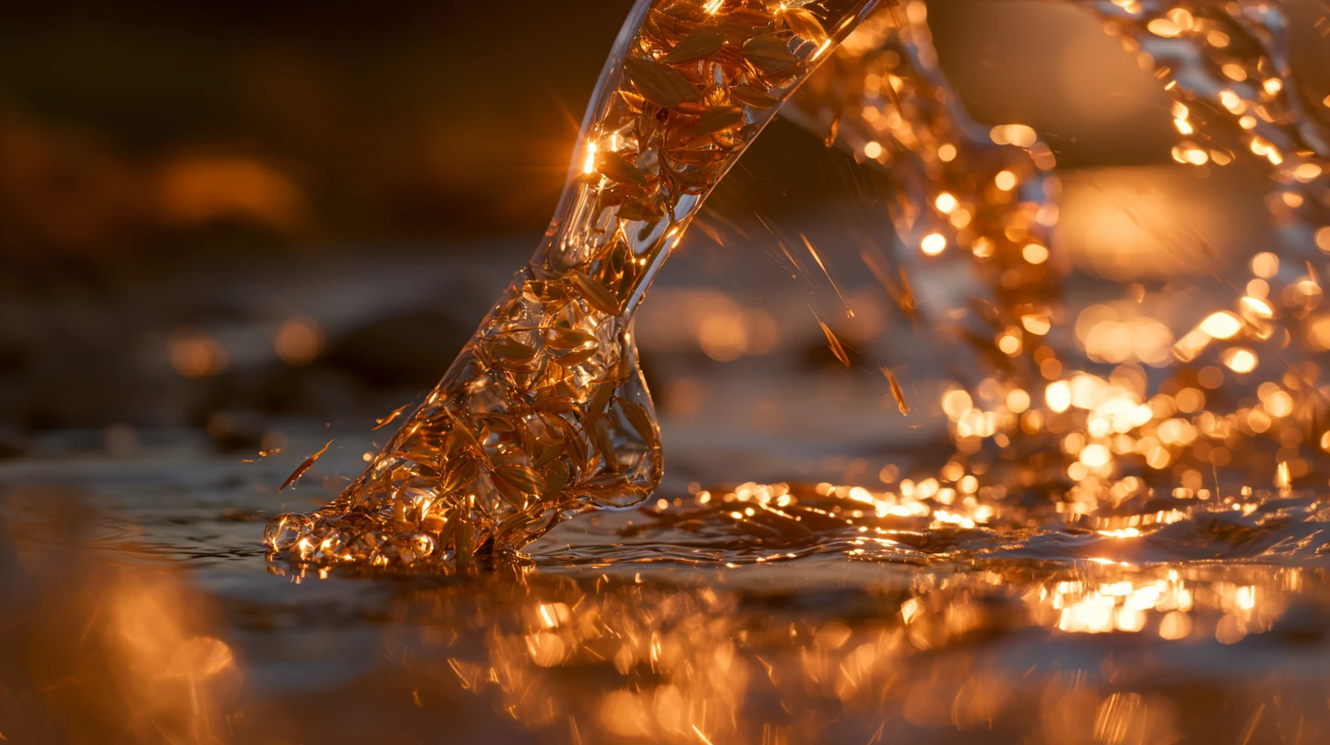 Piedi di vetro ambrato in un ruscello luminoso.