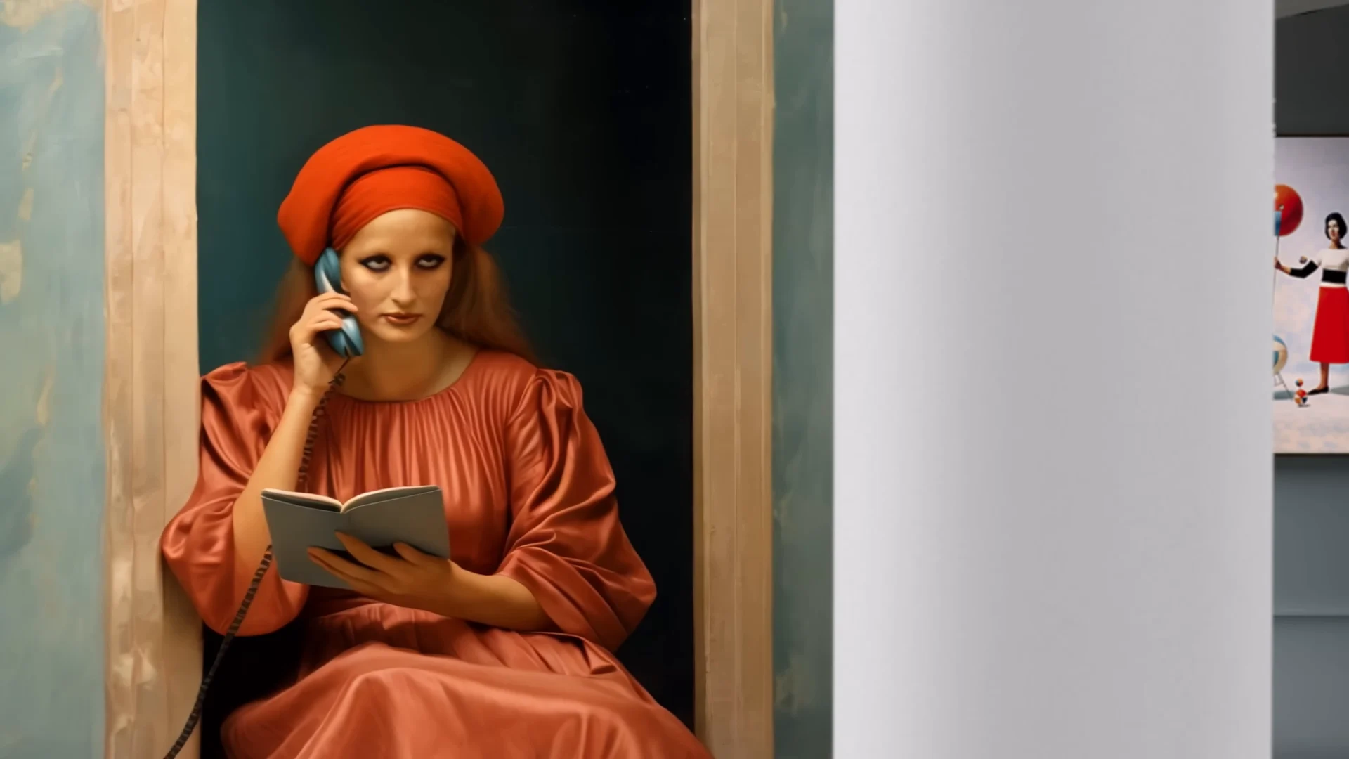 Figura di Mina in veste rossa e copricapo rosso con un libro aperto