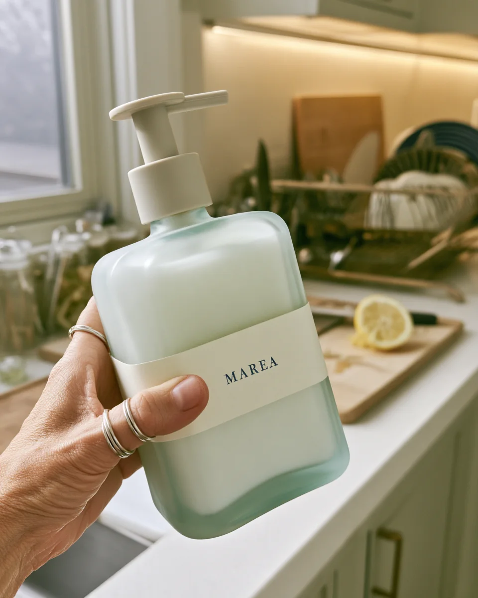 Mano che tiene un flacone MAREA in cucina