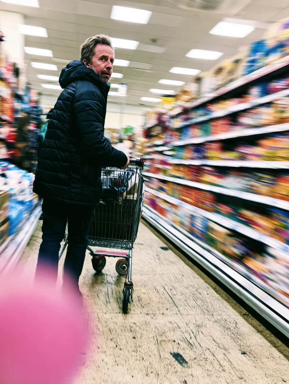 Uomo con carrello in un corridoio del supermercato