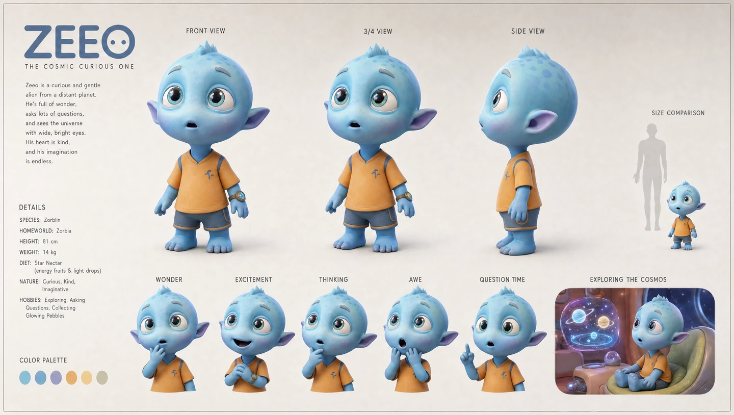 Character design originale di Zeeo, alieno blu: viste, espressioni e palette.