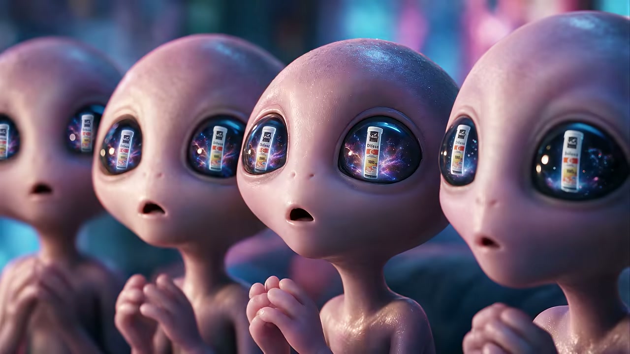 Fotogramma del film: primi piani di alieni rosa, con la confezione Matt Difesa riflessa negli occhi.