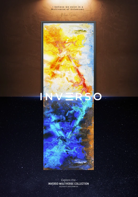 Manifesto INVERSO: un’opera verticale con metà superiore calda e metà inferiore invertita in blu