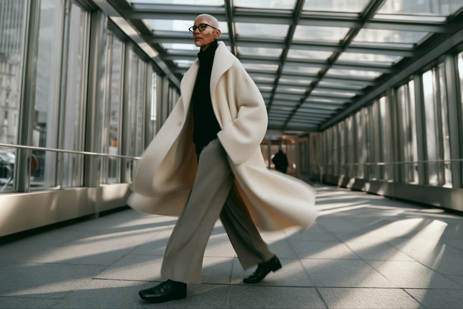 Il cappotto avorio in movimento sotto la luce del corridoio