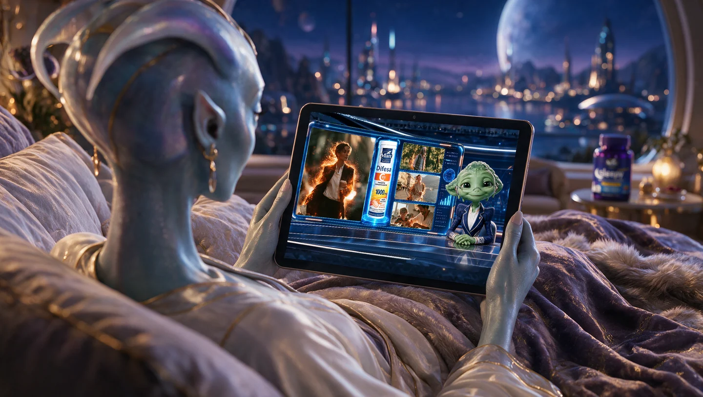 Visual esplorativo originale: un’aliena in salotto segue Alina e il TG su un tablet.