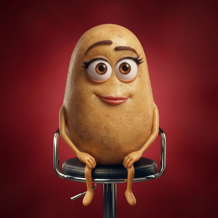 Patata M: occhi grandi, sorriso aperto, gambe accavallate.