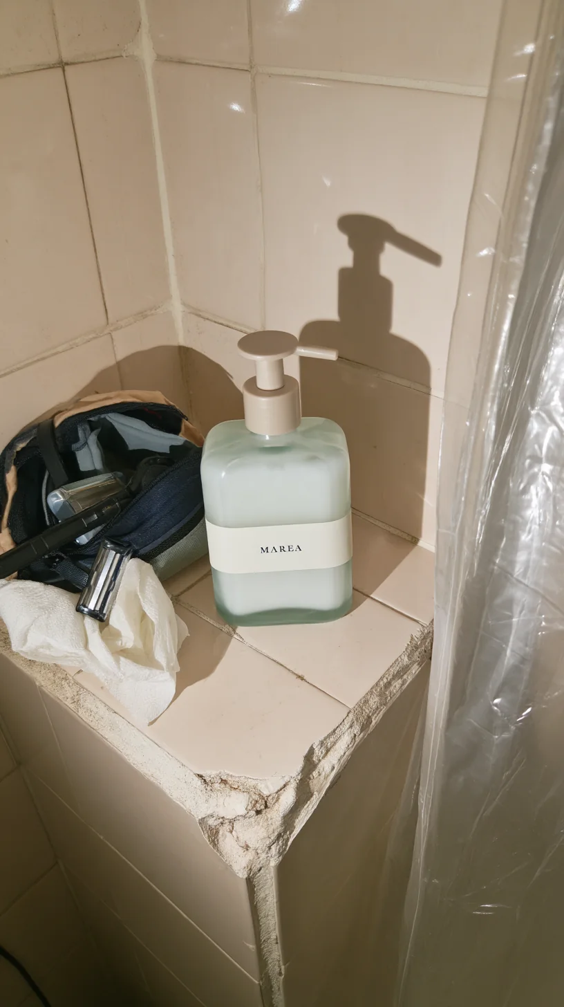 Flacone MAREA in un bagno, ripreso di sbieco