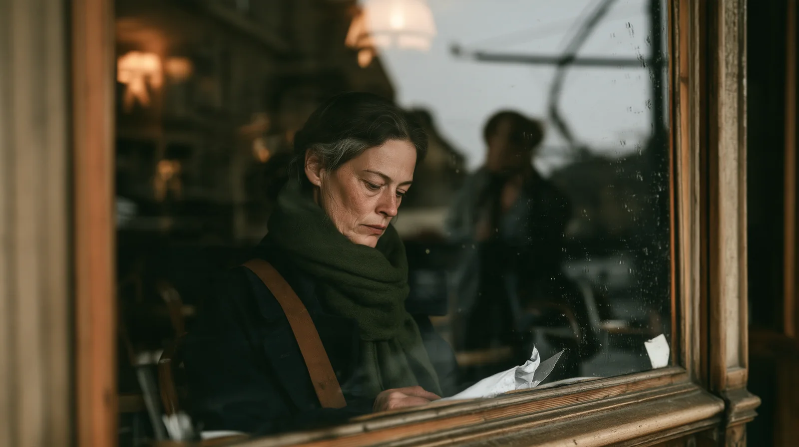 Donna riflessa nel vetro di un caffè