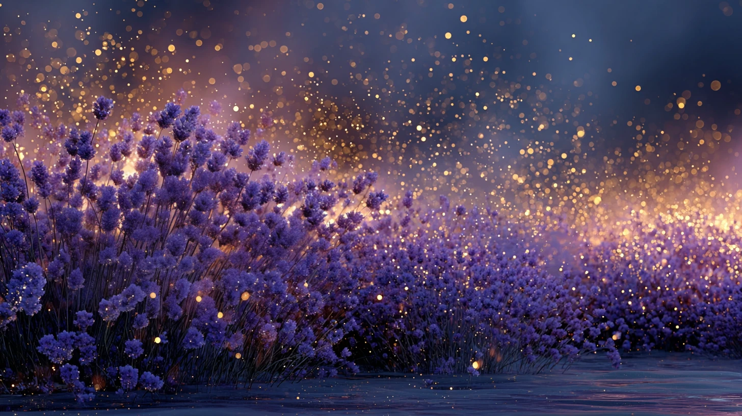 Ricostruzione editoriale: fiori di lavanda viola tra particelle dorate sospese nella luce del crepuscolo.