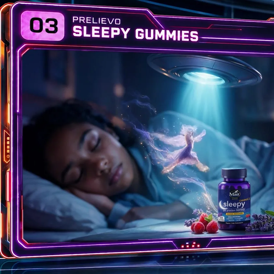 Dettaglio quadrato del fotogramma a 00:16.00: scheda archivio “03 Prelievo Sleepy Gummies” mostrata nel TG.