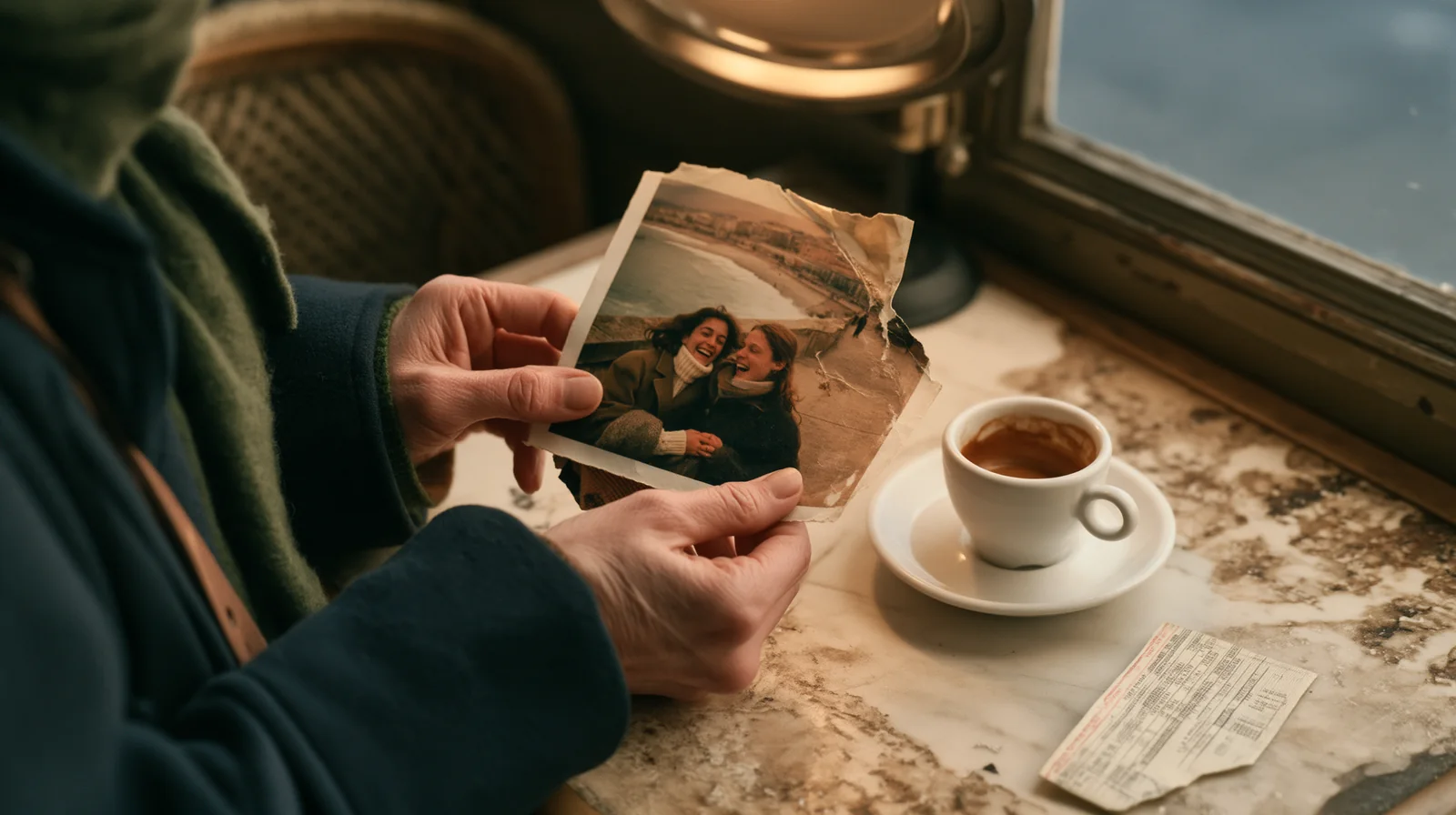Mani che tengono una vecchia fotografia accanto a un caffè
