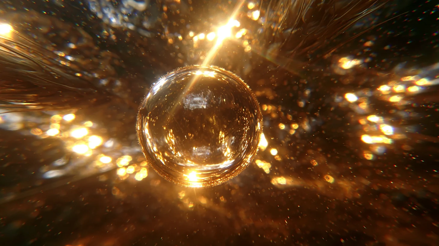 Ricostruzione visiva: una goccia trasparente sospesa fra riflessi e particelle di luce dorata.