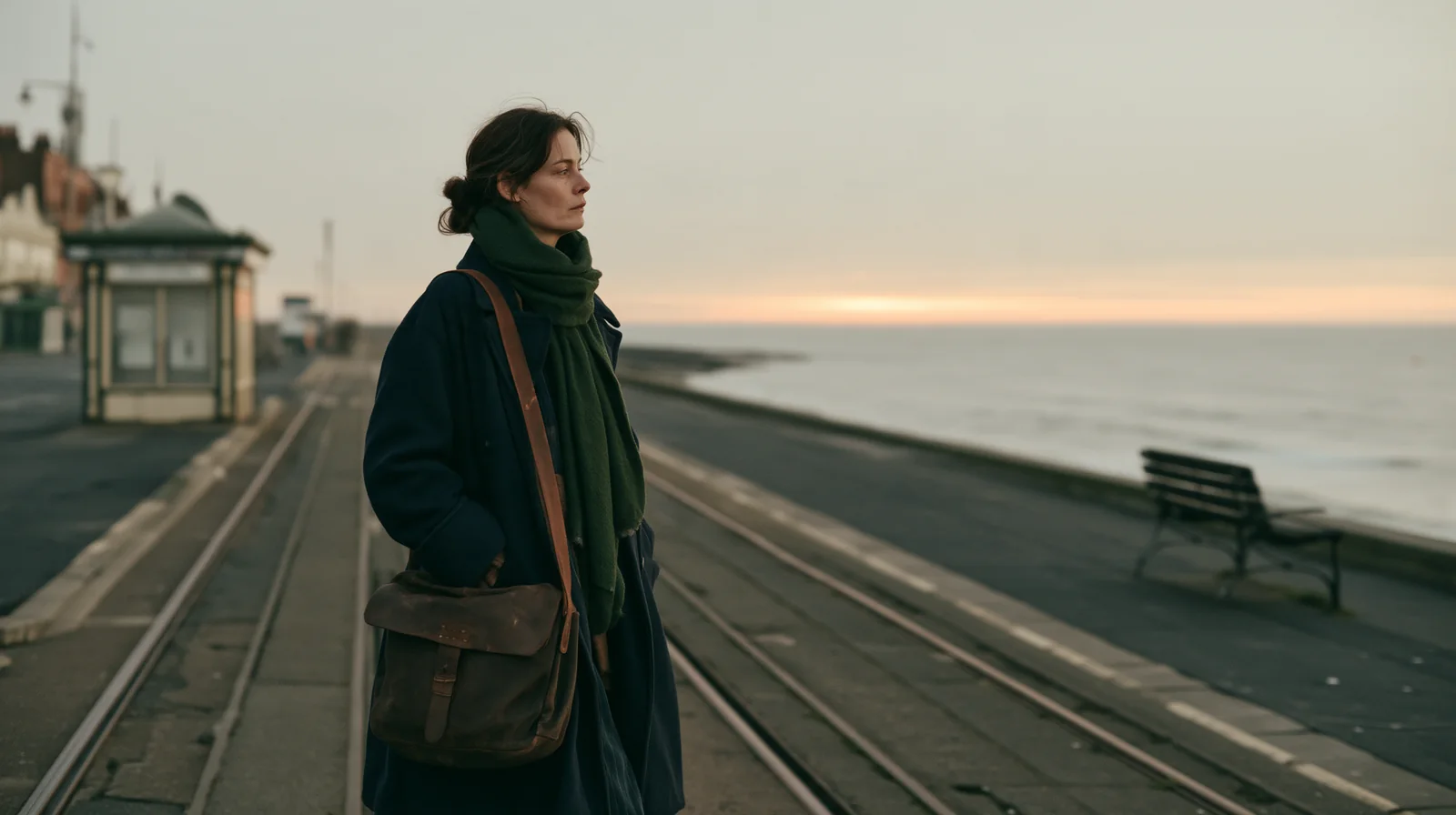 Donna con borsa su un lungomare all'alba