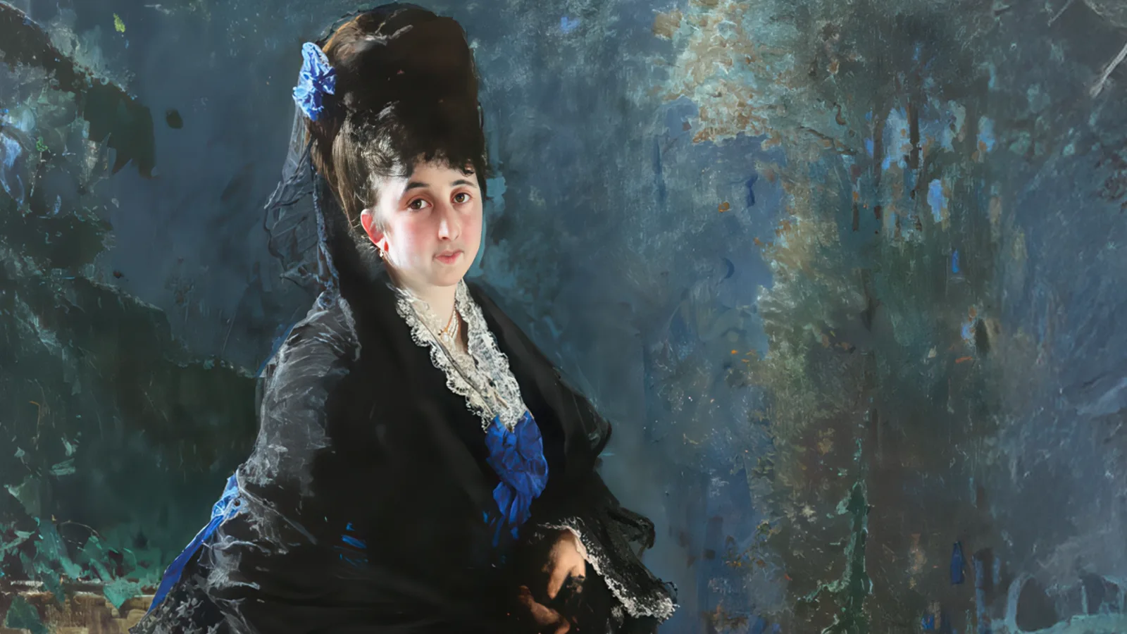 Elisabetta Sottocasa, reinterpretazione animabile del ritratto di Mosè Bianchi, abito scuro e pizzo