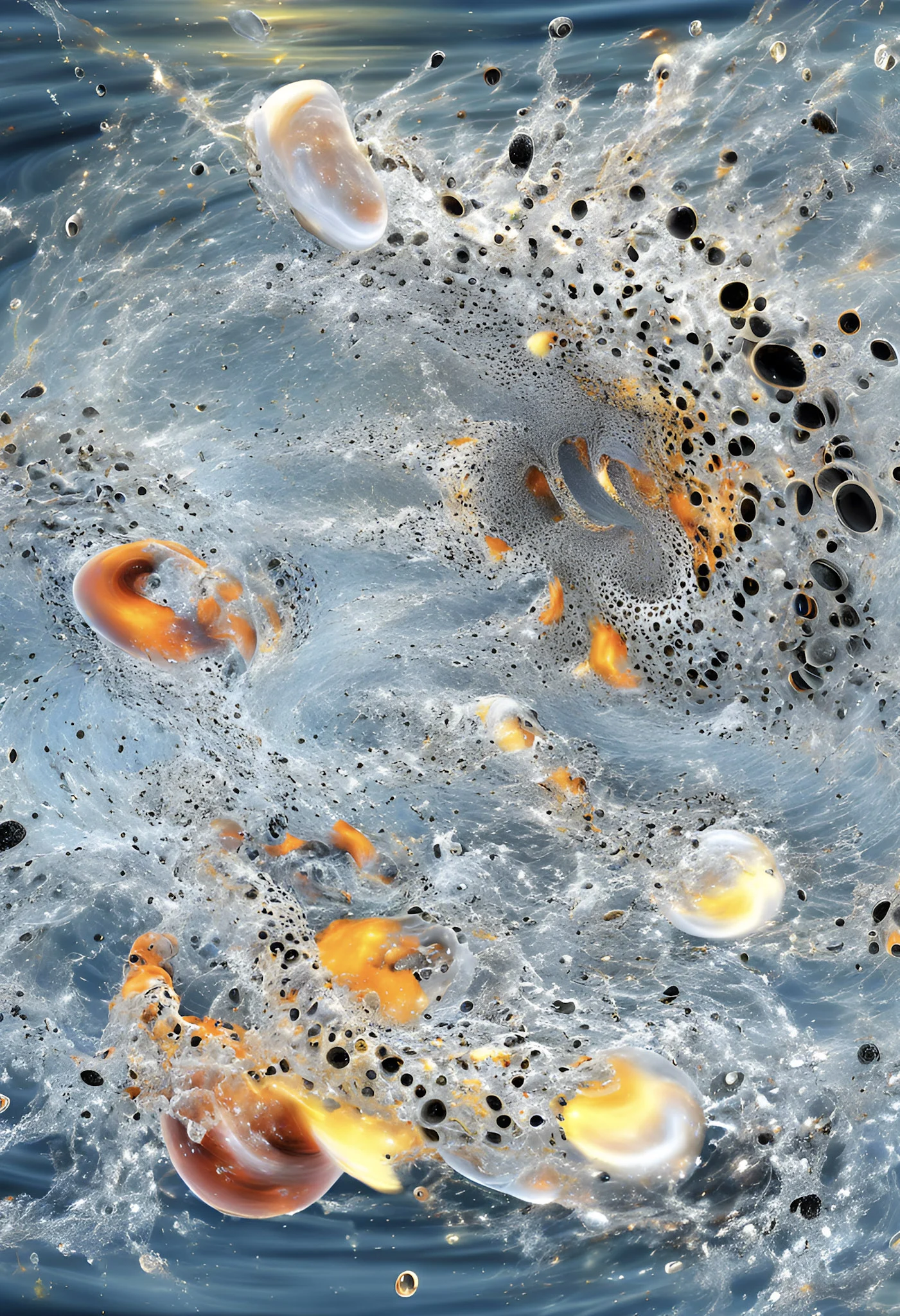 Piccole forme arancio e oro su una superficie blu punteggiata