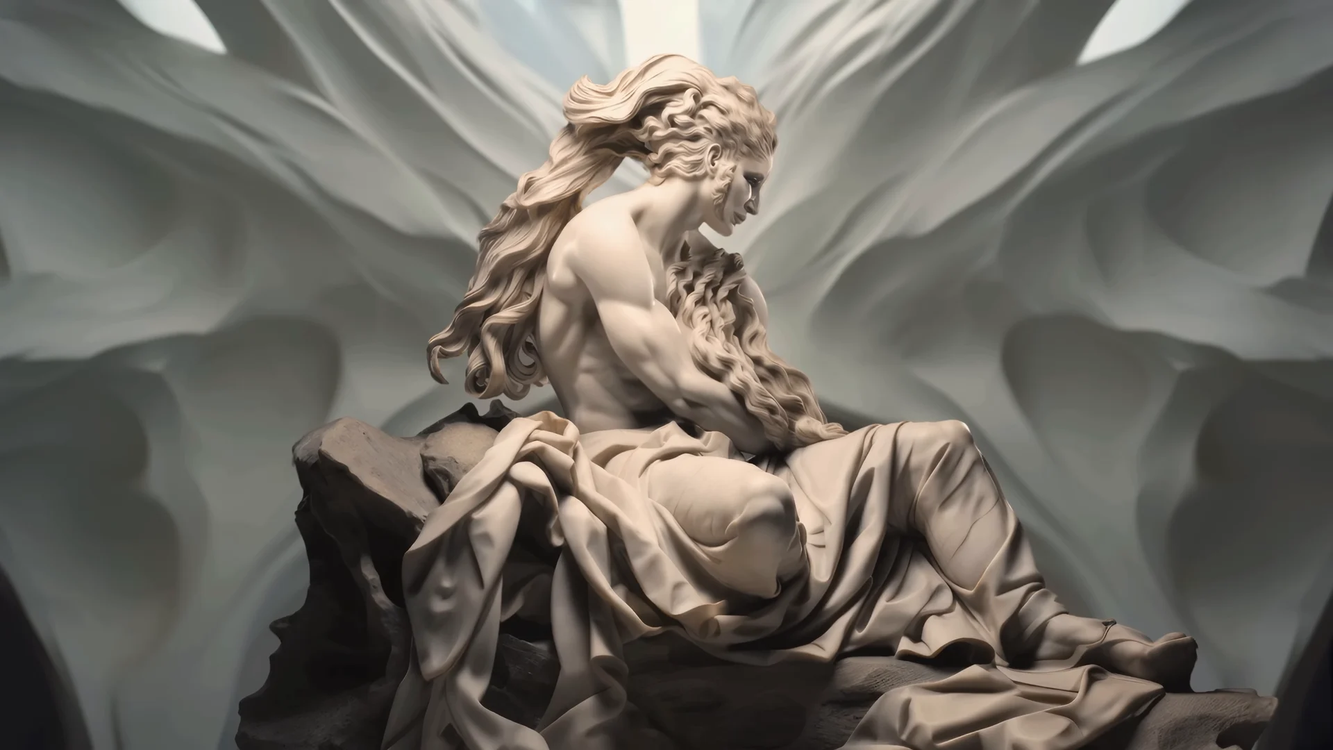 Figura femminile come scultura bianca tra drappeggi e architettura immaginaria